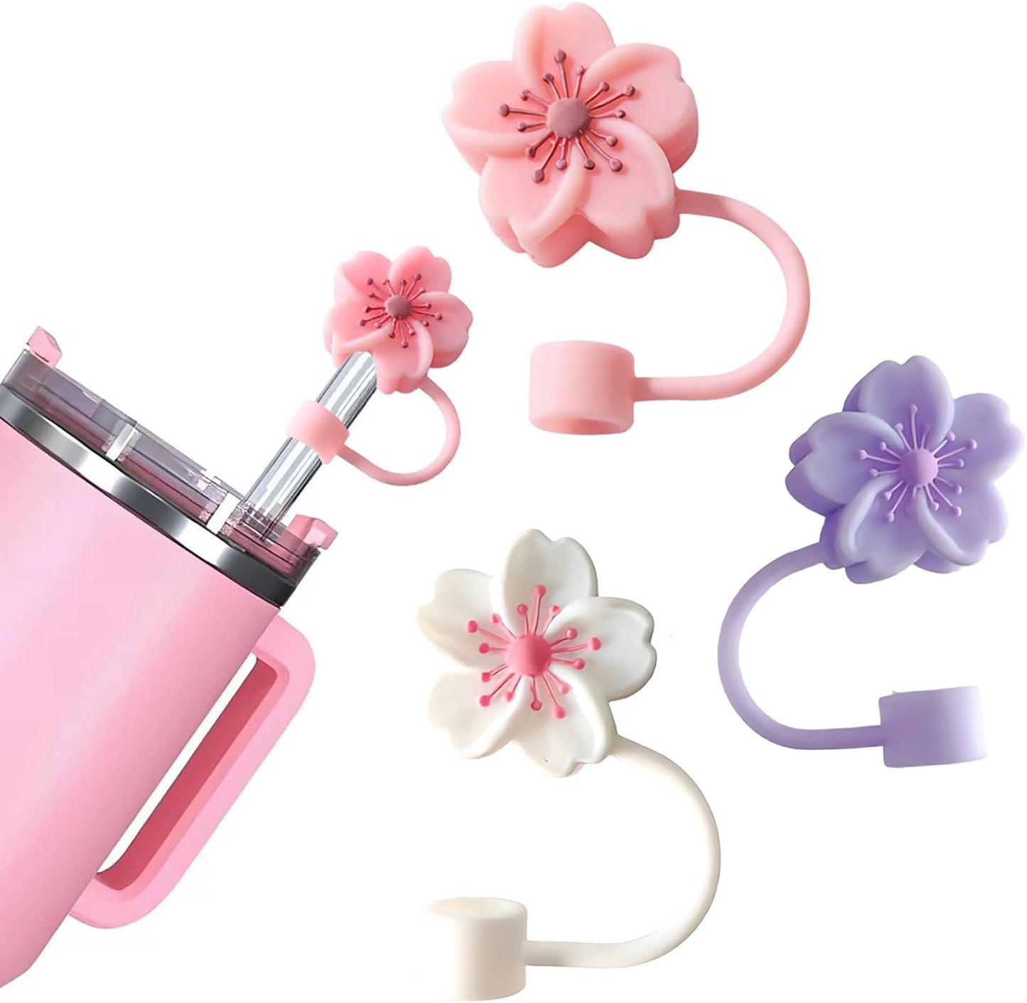 BTYHAOS Silicone Straw Caps for 10mm Tumblers | Reusable Dust-Proof Straw Toppers Compatible with Stanley 30oz & 40oz Tumblers (Purple Flower 3pc)