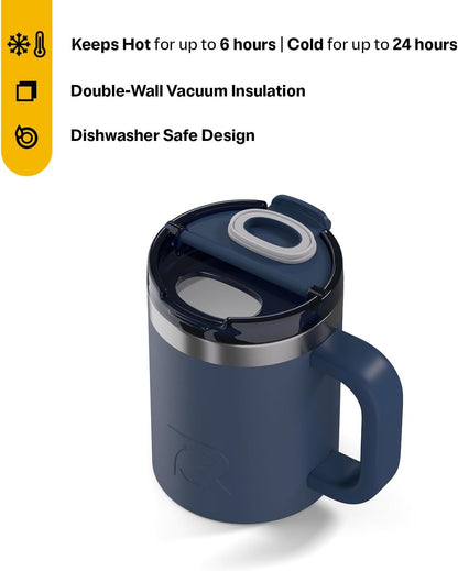 RTIC 12oz Essential Mug with Lid and Handle, Ceramic Lined, Insulated, Stainless Steel, Metal, Double Wall Vacuum-Insulation, Portable, Travel Cup for Hot and Cold Drink, Beach