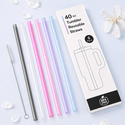 Joshey 12 Inch Tritan Replacement Straws for Stanley 40oz Tumbler - 6 Pack Reusable Long Straws with Cleaning Brush, Fits 30oz & 40oz Stanley Cup Accessories, BPA-Free (6 Colors)