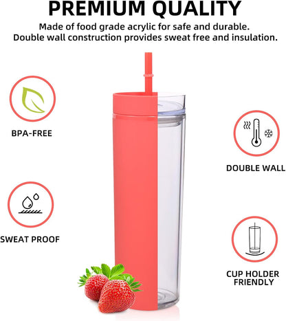 Volhoply 20oz Plastic Skinny Tumbler,Double Wall Tumblers with Lid and Straw,Reusable Travel Iced Coffee Mug,BPA Free Matte Acrylic Water Cups With Straw for Parties,DIY Gifts(Clear,1 Set)