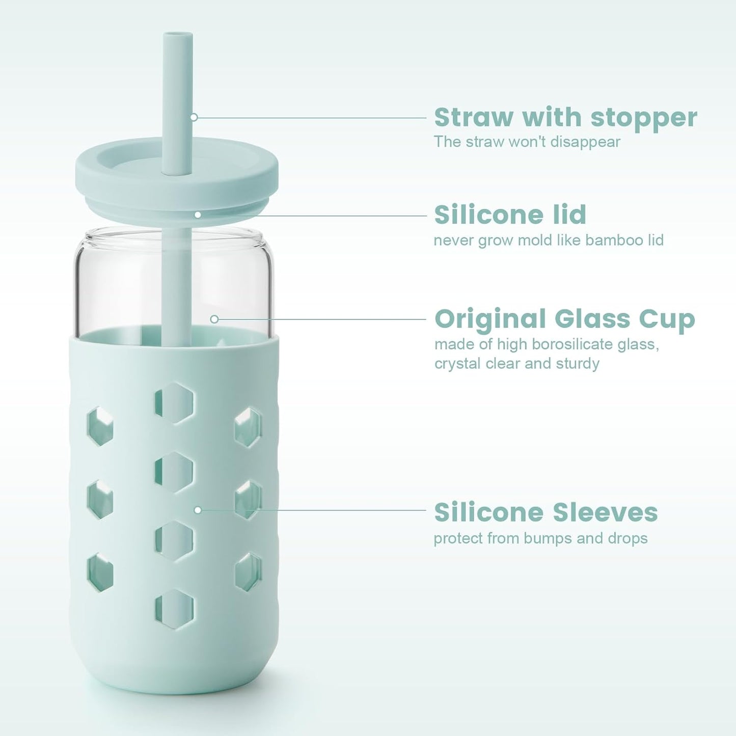 Mrsdry Glass Cups with Lids and Straws (4 Pcs), 16oz Drinking Glasses Set with Silicone Sleeves for Coffee Bar Accessories Iced Coffee Cups with Lids, Glass Tumbler Reusable for Gifts