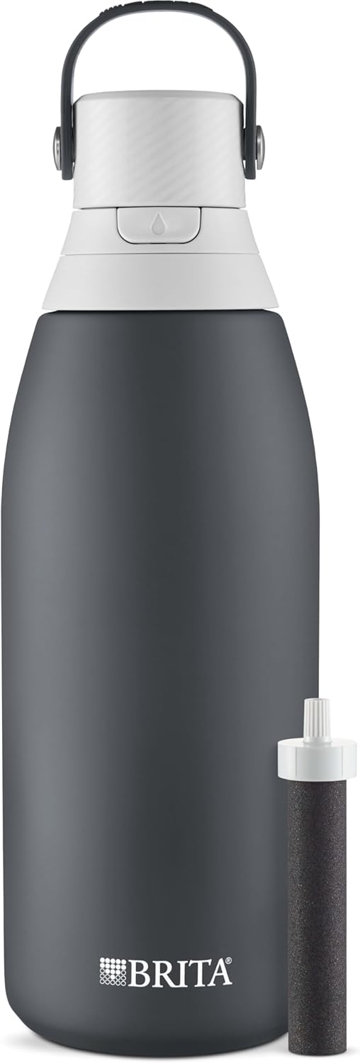 Brita Stainless Steel Premium Filtering Water Bottle, BPA-Free, Reusable, Insulated, Replaces 300 Plastic Water Bottles, Filter Lasts 2 Months or 40 Gallons, Includes 1 Filter, Carbon - 32 oz