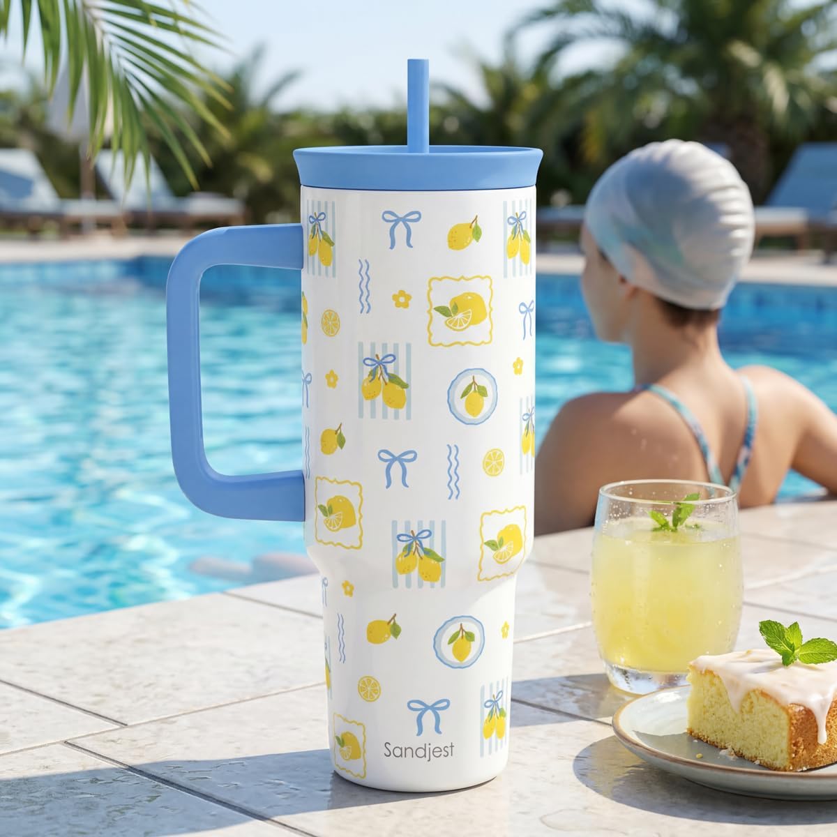 SANDJEST Pickleball Stainless Steel Locking Lid Silicone Straw Tumbler with Handle 40oz, Insulated Stainless Steel Travel Cup for Women Girls Friends Players, Gift Idea for Birthday Christmas