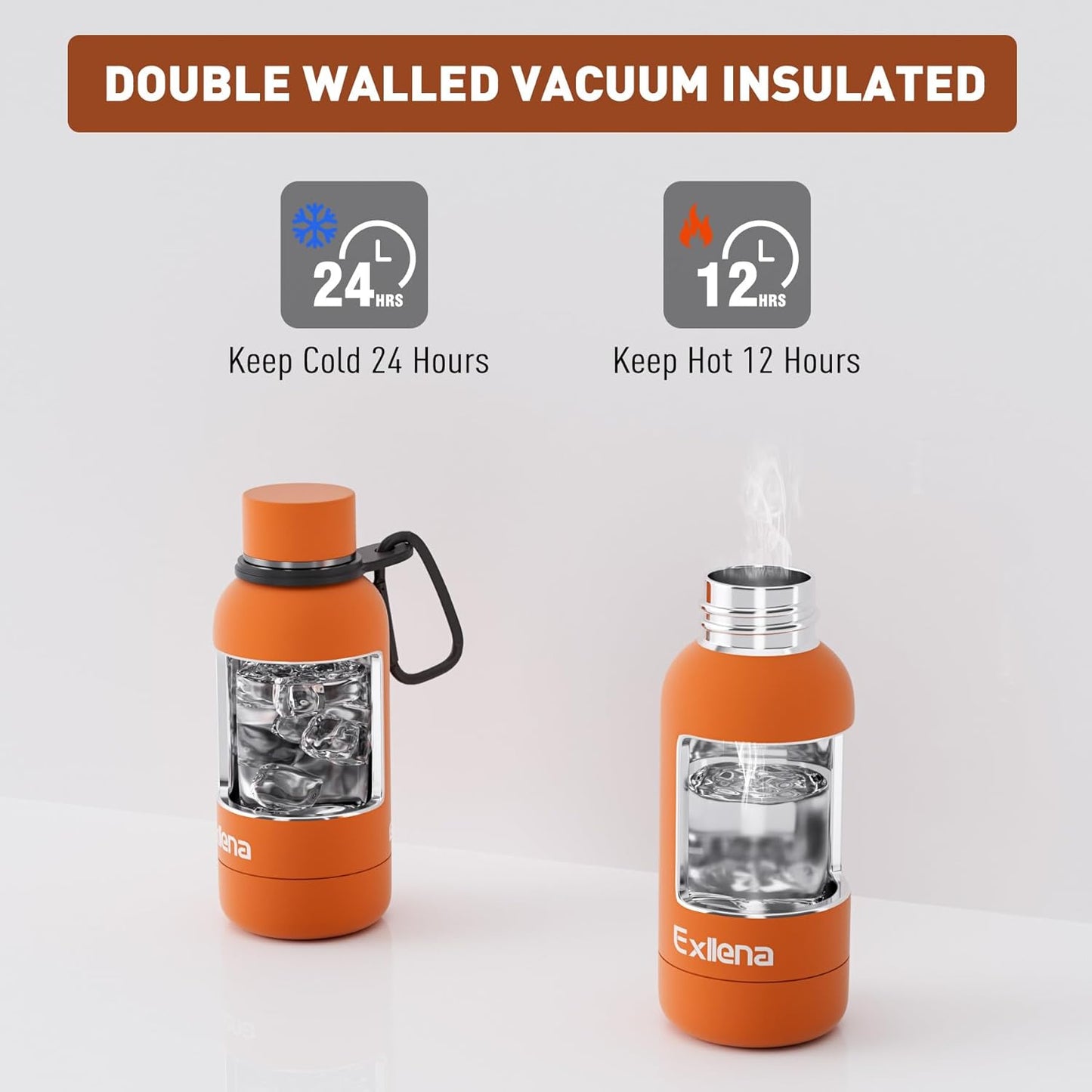 Exllena Slim Insulated Water Bottles for Travel 18oz with Clip, Double Wall Vacuum Stainless Steel Water Bottle Keeps Drinks Cold 24 Hrs/Hot 12 Hrs, 100% Leakproof, BPA Free(Black)