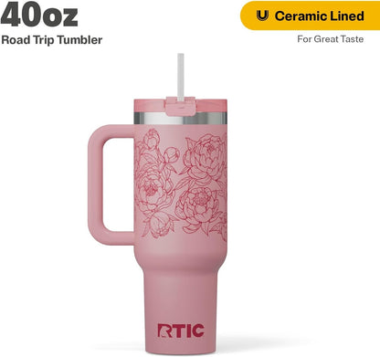 RTIC 30 oz Road Trip Tumbler Double-Walled Ceramic Lined InsulatedStainless Steel Portable Travel Coffee Mug Cup with Lid, Handle and Straw, Periwinkle Bouquet