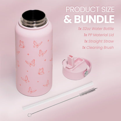 SANDJEST Pickleball Gift for Women, Water Bottle Stainless Steel 32oz with Lid & Straw, Sport Insulated Bottles Gifts for Girls Friends Teens Birthday Christmas