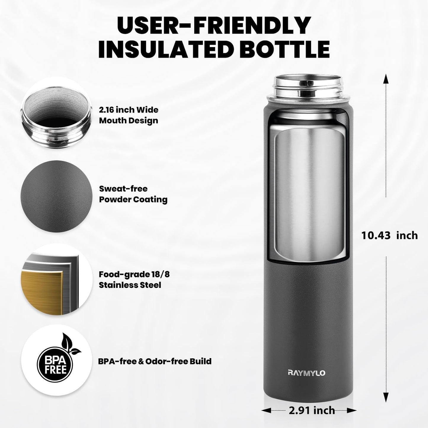 RAYMYLO One Gallon Water Bottle Insulated, Triple Walled Vacuum Stainless Steel (Cold for 48 Hrs), Leak Proof & Non-BPA, Large Water Flask Jug with Paracord Handle & Straw Spout Lids