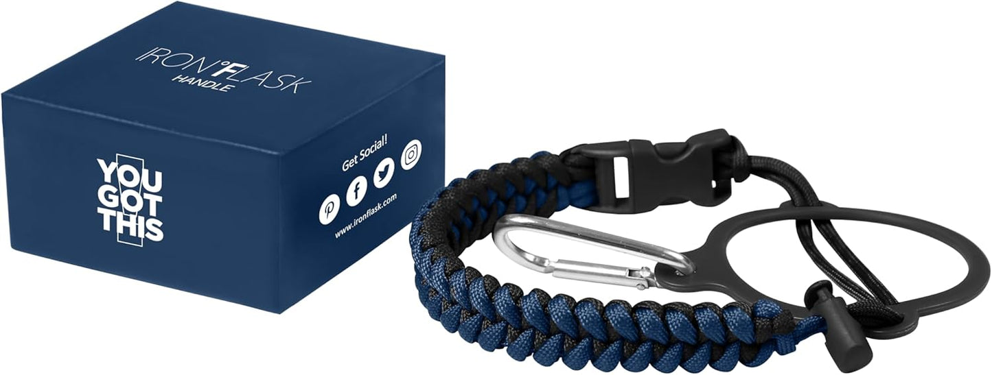 IRON °FLASK Paracord Handle - Fits Wide Mouth Water Bottles - Durable Carrier, Secure Accessories, Survival Strap Cord, Safety Ring, and Carabiner - Seven Core Paracord Bracelet