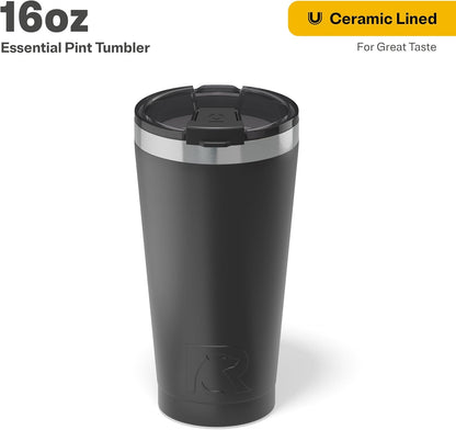 RTIC 16oz Essential Pint Tumbler with Lid, Ceramic Lined, Insulated, Stainless Steel, Metal, Double Wall Vacuum-Insulation, Portable Travel Cup for Beer, Iced Coffee, Tea, Hot and Cold Drink, Olive