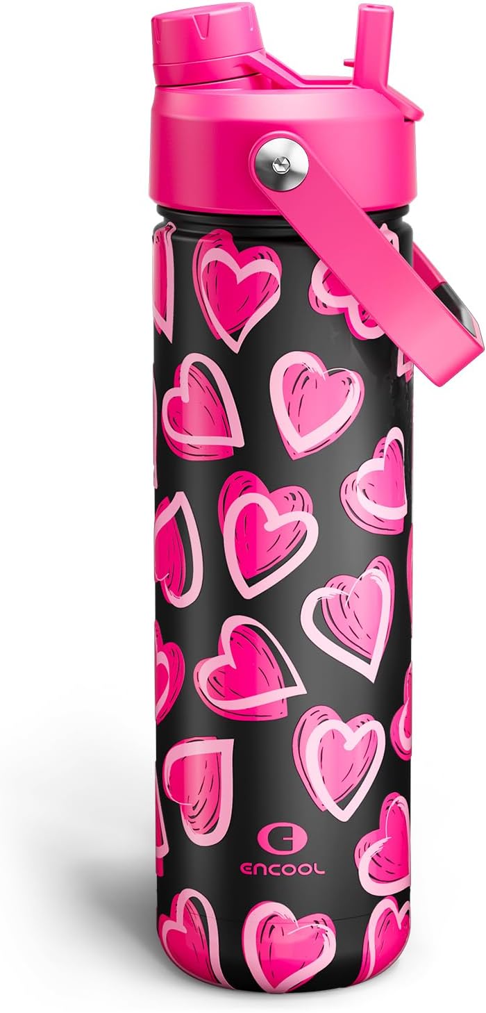 ENCOOL Insulated Water Bottle with Straw Stainless Steel Water Bottle, Leak-Proof, BPA-Free, Double Wall Vacuum Keeps Cold for 24 Hours for Sports, Travel, School (26 oz, Cotton Candy) - Colors B