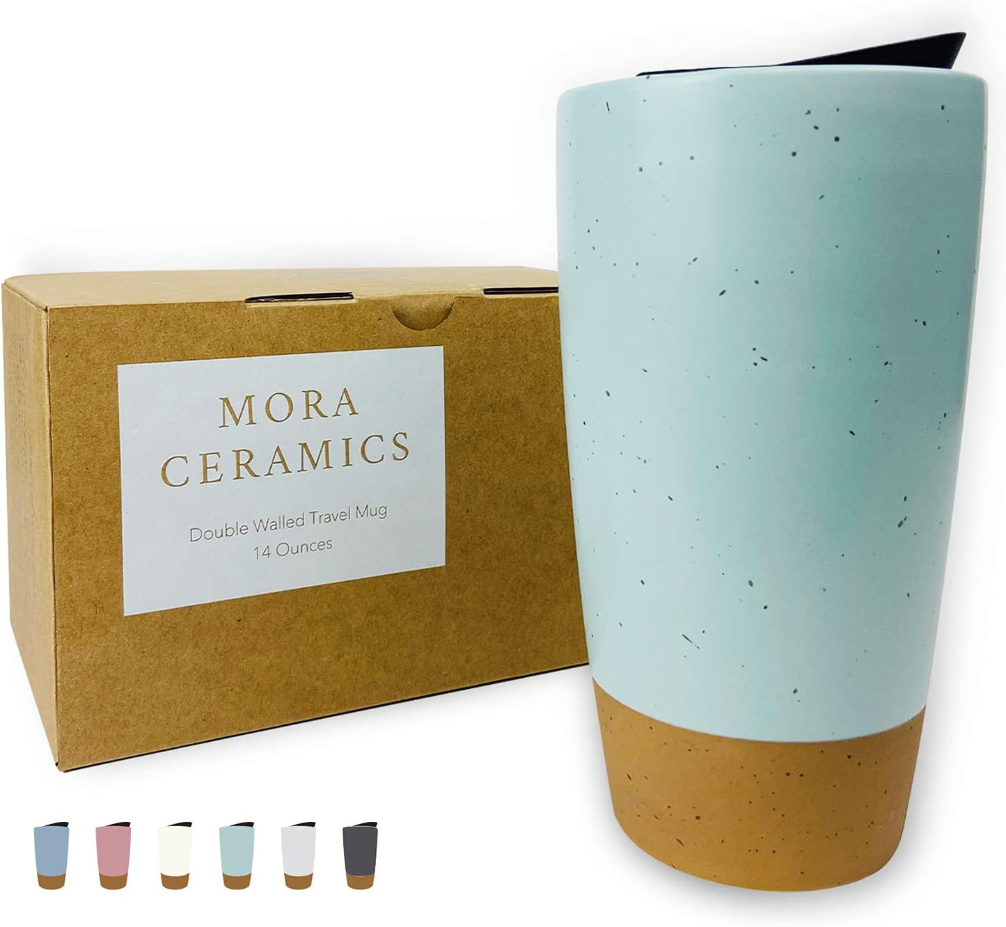 Mora Double Wall Ceramic Coffee Travel Mug with Lid, 14 oz, Portable, Microwave, Dishwasher Safe, Insulated Reusable Tall Cup, Splash Resistant Lid - To Go Tumbler for Car Cup Holder, Nightwaves