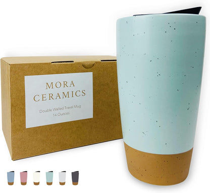 Mora Double Wall Ceramic Coffee Travel Mug with Lid, 14 oz, Portable, Microwave, Dishwasher Safe, Insulated Reusable Tall Cup, Splash Resistant Lid - To Go Tumbler for Car Cup Holder, Nightwaves