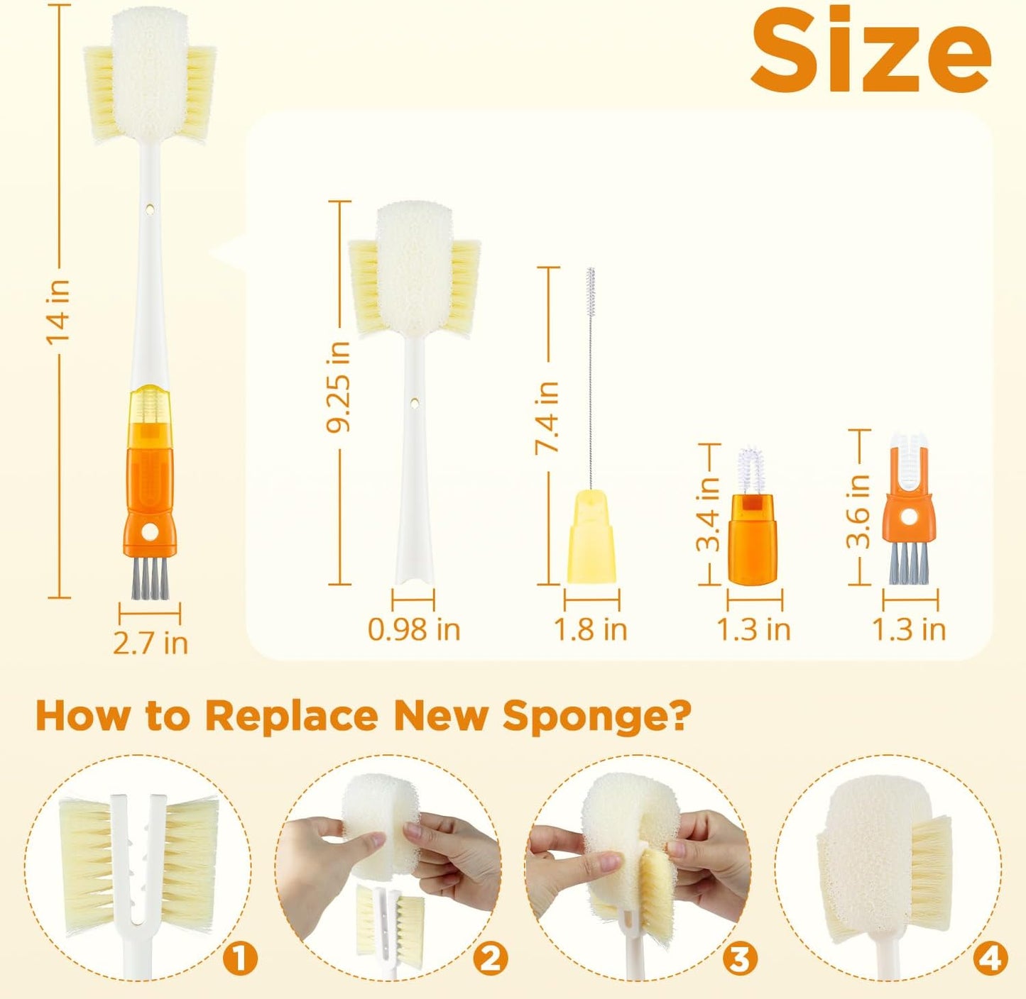 OUTXE 5 Pack Bottle Brush Set, 5-in-1 Water Bottle Cleaner Brush, 15"" Long Handle Bottle Cleaning Brush, 3 Straw Brush, Removable Nipple Brush, Detail Brush for Cup Lid Gap, WBBSBLB5
