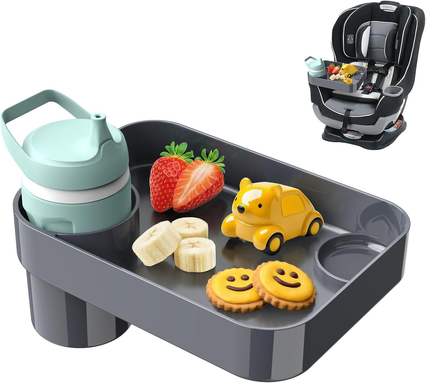 Car Seat Snack Tray for Toddlers - 3 Inch Cup Holder Fits Most Sippy Cups & Straw Bottles with Dip Well, Mess-Free Square Kids Travel Tray Road Trip Essentials, Black