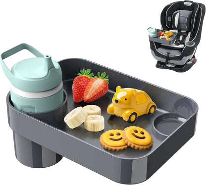 Car Seat Snack Tray for Toddlers - 3 Inch Cup Holder Fits Most Sippy Cups & Straw Bottles with Dip Well, Mess-Free Square Kids Travel Tray Road Trip Essentials, Black