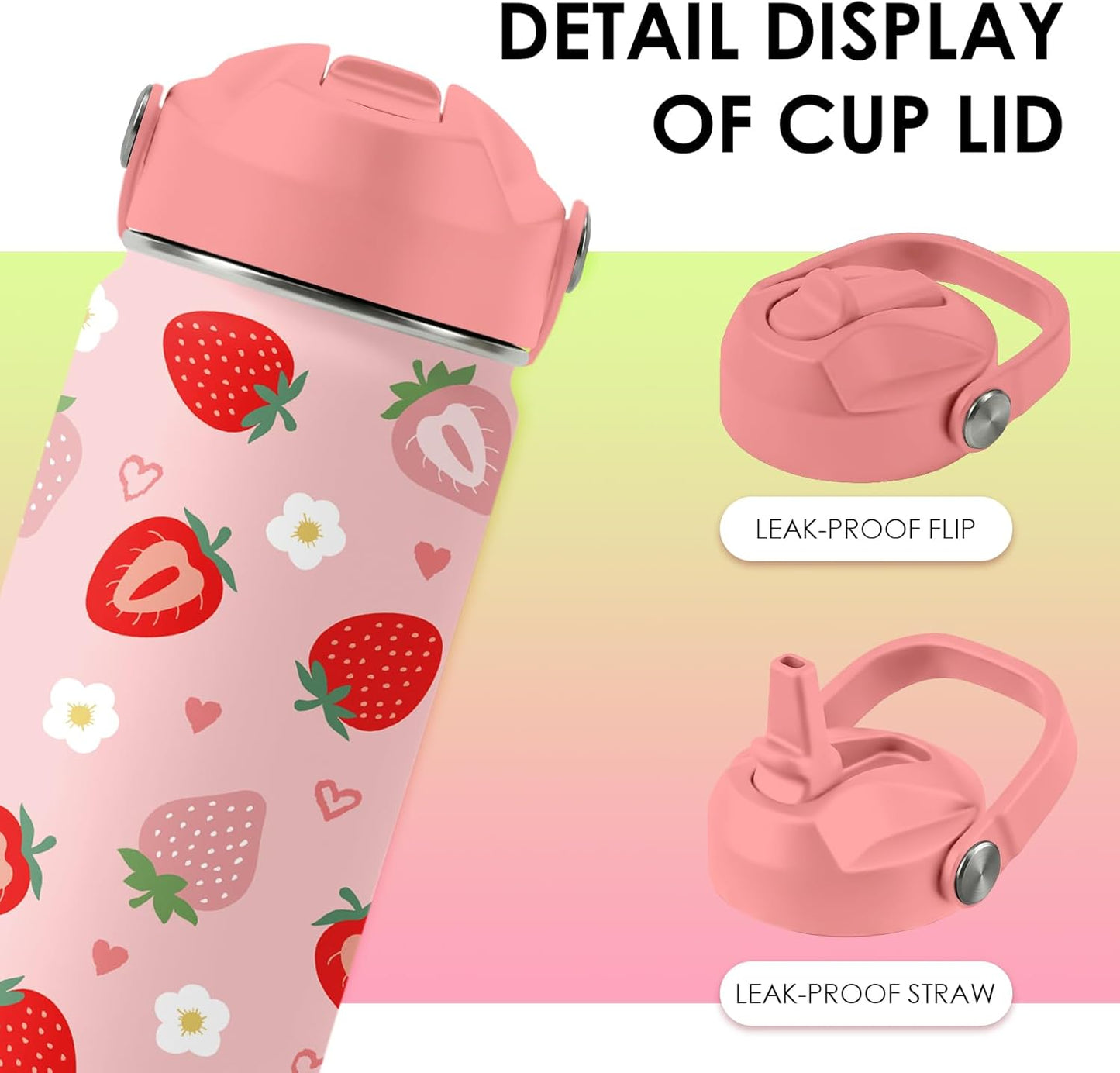 Strawberry Gifts for Kids - 16oz Pink Kids Water Bottle with Straw Lid, Stainless Steel Insulated Water Bottle, Leakproof, BPA-Free, for Girls, School, Strawberry Lover Children Birthday Gift Cup(1pc)