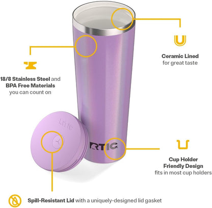 RTIC 20oz Everyday Tumbler Insulated Stainless Steel Portable Travel Coffee Cup with Straw, Ceramic Lining, Spill-Resistant Lid, BPA-Free, Hot and Cold Drink, Beach