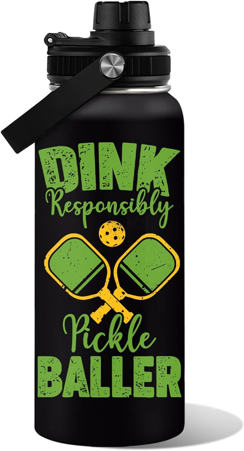 Pickleball Water Bottle 32oz | Insulated Stainless Steel Travel Tumbler with Lid Leak-Proof Keep Hot or Cold, BPA-Free |Dink Responsibly Gifts for Pickleball Lovers