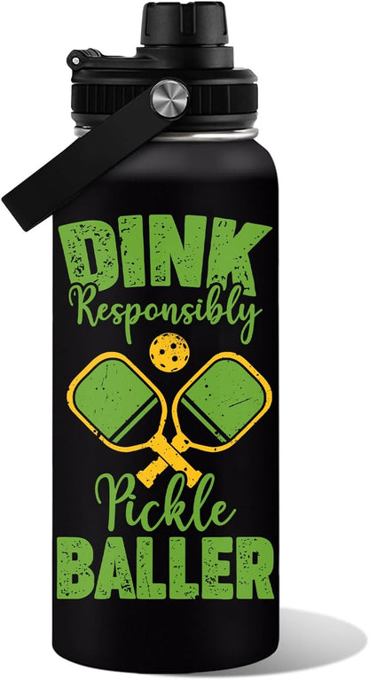 Pickleball Water Bottle 32oz | Insulated Stainless Steel Travel Tumbler with Lid Leak-Proof Keep Hot or Cold, BPA-Free |Dink Responsibly Gifts for Pickleball Lovers
