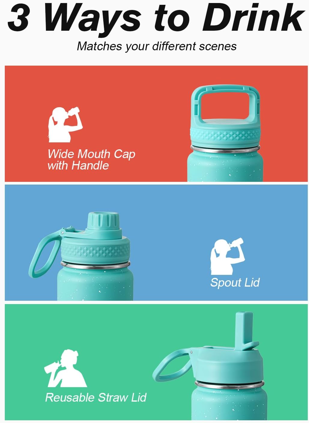 Half Gallon Water Bottle Insulated with Straw & 3 Lids, Coolflask 64 oz Water Jug Large Metal Stainless Steel Wide Mouth for Sports, Gym or Office, Non-BPA Keep Cold 48H Hot 24H, Samurai Cyan