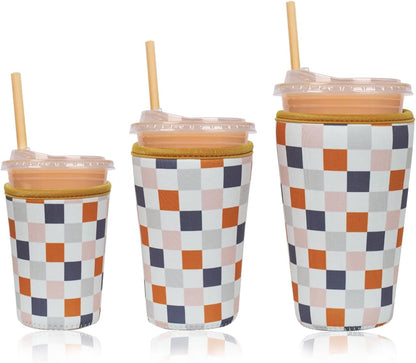 Reusable Insulated Neoprene Iced Coffee Cup Sleeve, Durable Drink Sleeve for Cold Beverages, Beverage Holder for Iced Coffee, Floral Checkers