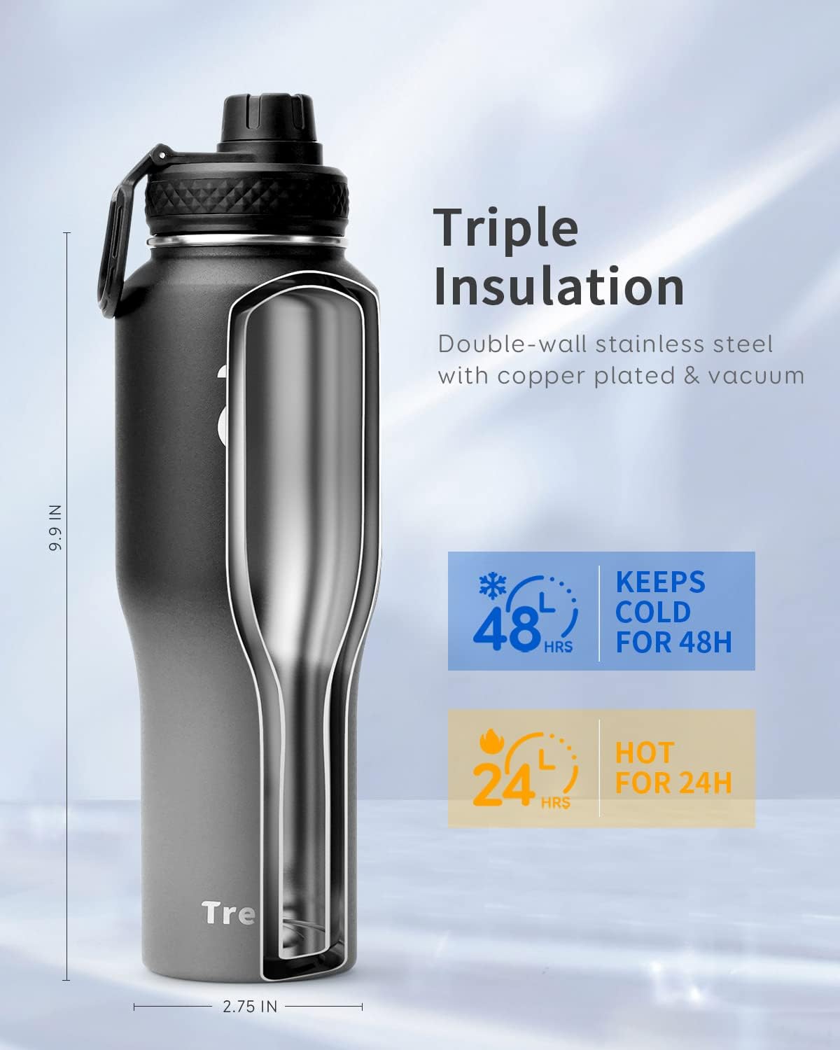 Trebo 40 oz Water Bottle Insulated Fit Car Cup Holder with Handle, Stainless Steel Water Bottles Tumbler with Spout Straw Lids, Double Wall Travel Reusable Flask, Leakproof Mug,Keep Cold &Hot,Black