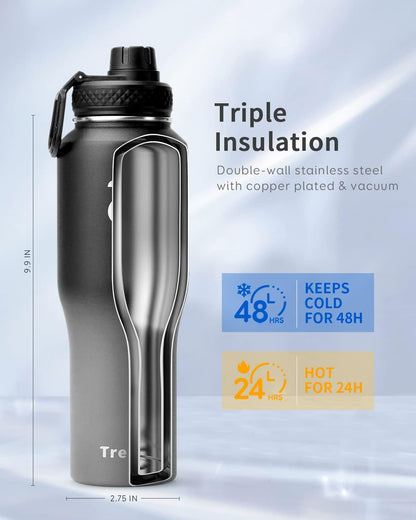 Trebo 40 oz Water Bottle Insulated Fit Car Cup Holder with Handle, Stainless Steel Water Bottles Tumbler with Spout Straw Lids, Double Wall Travel Reusable Flask, Leakproof Mug,Keep Cold &Hot,Black