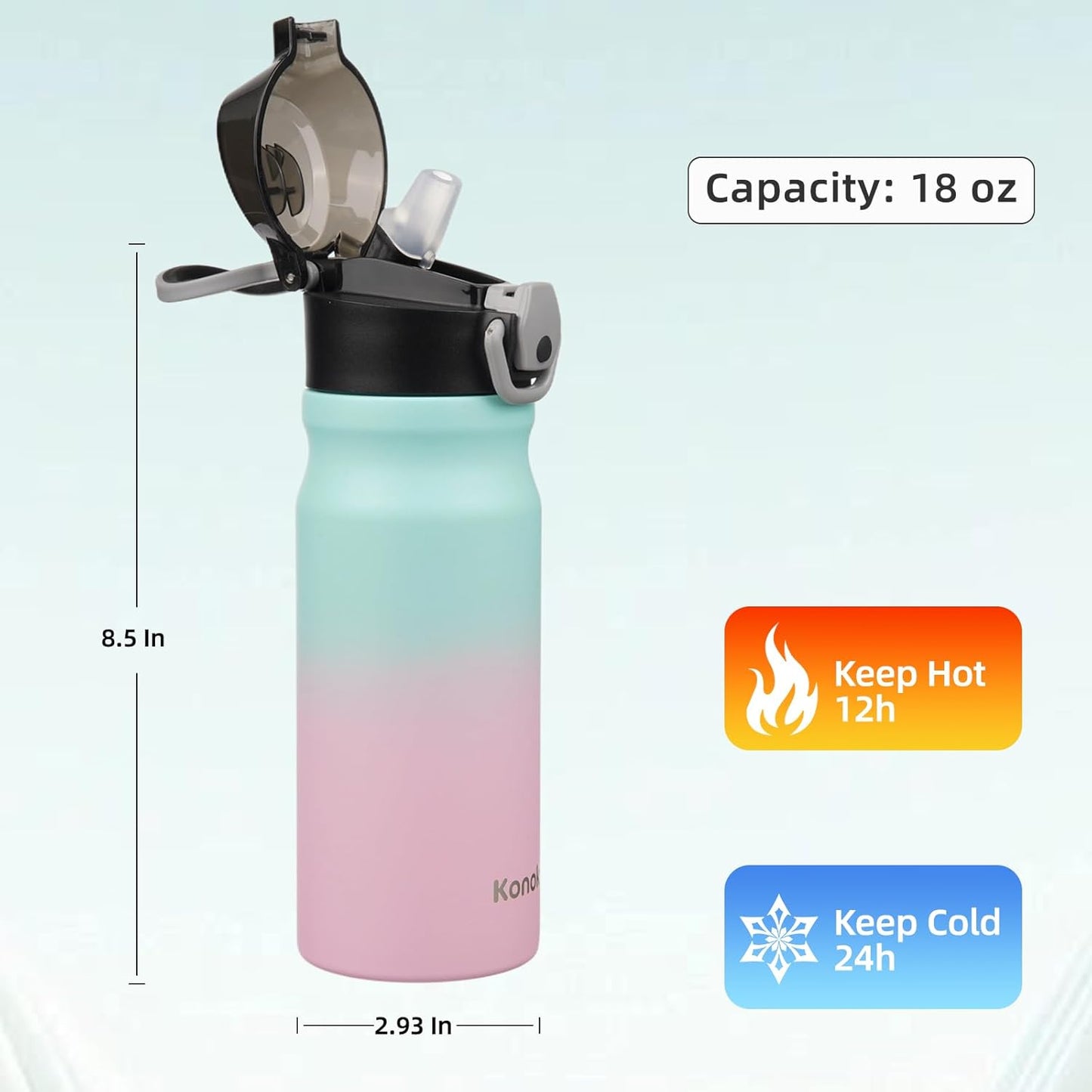 Konokyo 18 oz Insulated Water Bottle with Straw Lid, Stainless Steel Vacuum Sports Water Bottle, Leak-Proof Reusable Metal Flask with Carry Loop, BPA-Free Travel Bottle for Gym, School, Office