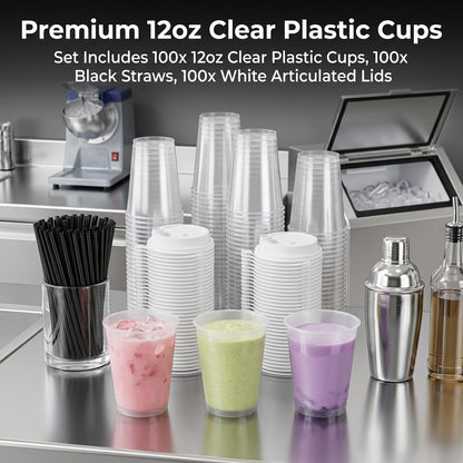 100 Sets Bulk Frosted Disposable Hard Plastic Cups With Straws Lids,90mm Disposable Bubble Boba Milk Tea ToGo Cups Cold Hot Plastic coffee Boba Tea Business TakeAway Supplies (16, ounces)