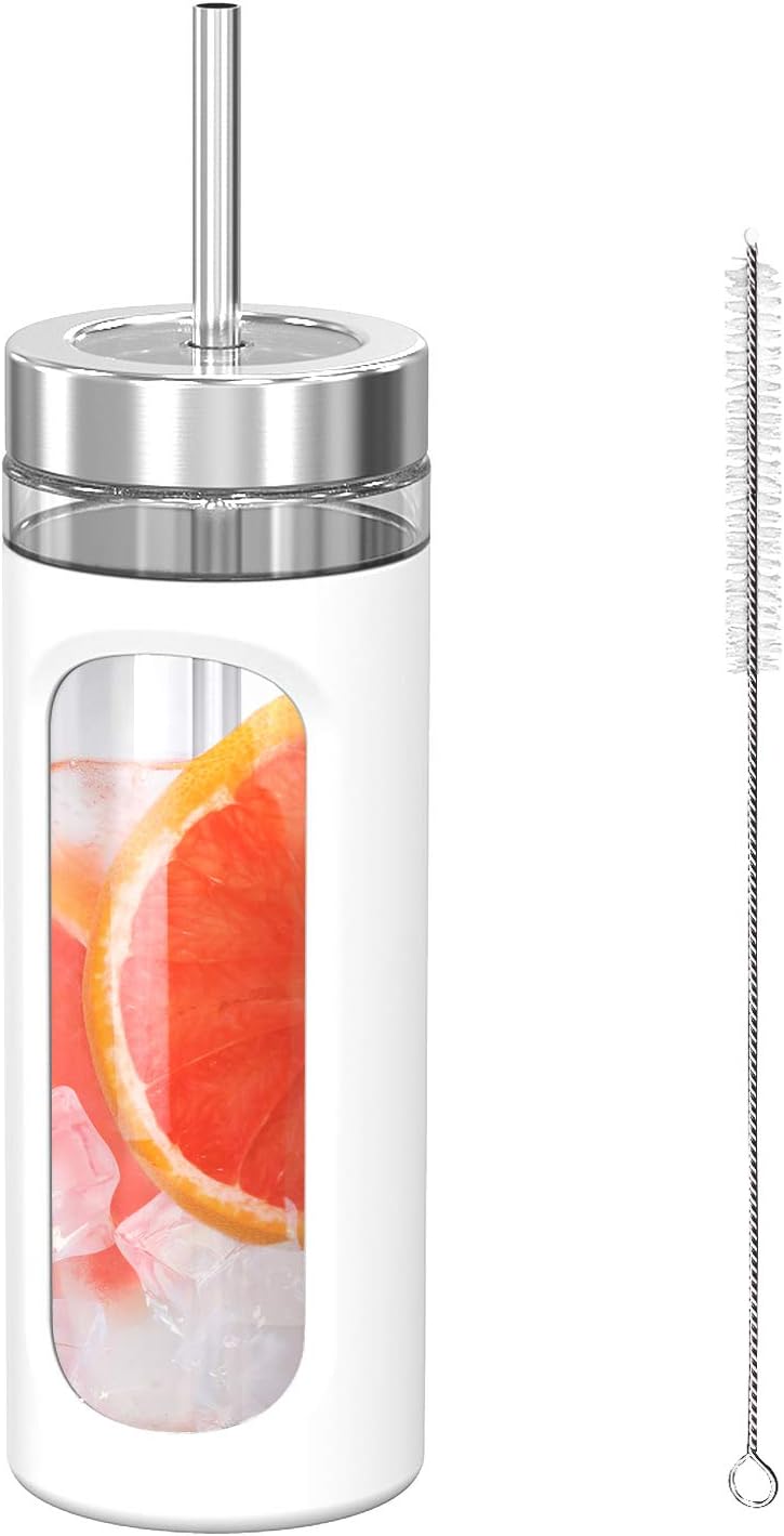 Kodrine 20oz Glass Water Tumbler with Straw and Lid, Bamboo Lids Water Bottle, Iced Coffee Cup Reusable, Wide Mouth Smoothie Cups with Protective Silicone Sleeve BPA FREE-Black - Colors B
