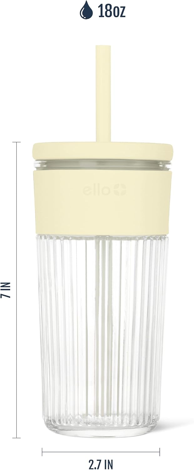 Ello Devon Glass Tumbler , Protective No Sweat Silicone Sleeve and Splash Proof Wooden Detail Lid with Straw, 18 oz