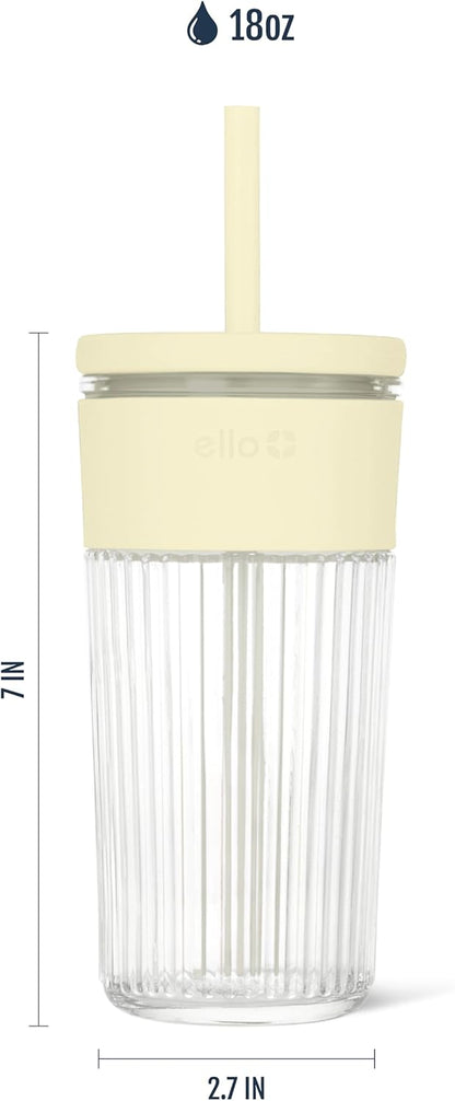 Ello Devon Glass Tumbler , Protective No Sweat Silicone Sleeve and Splash Proof Wooden Detail Lid with Straw, 18 oz