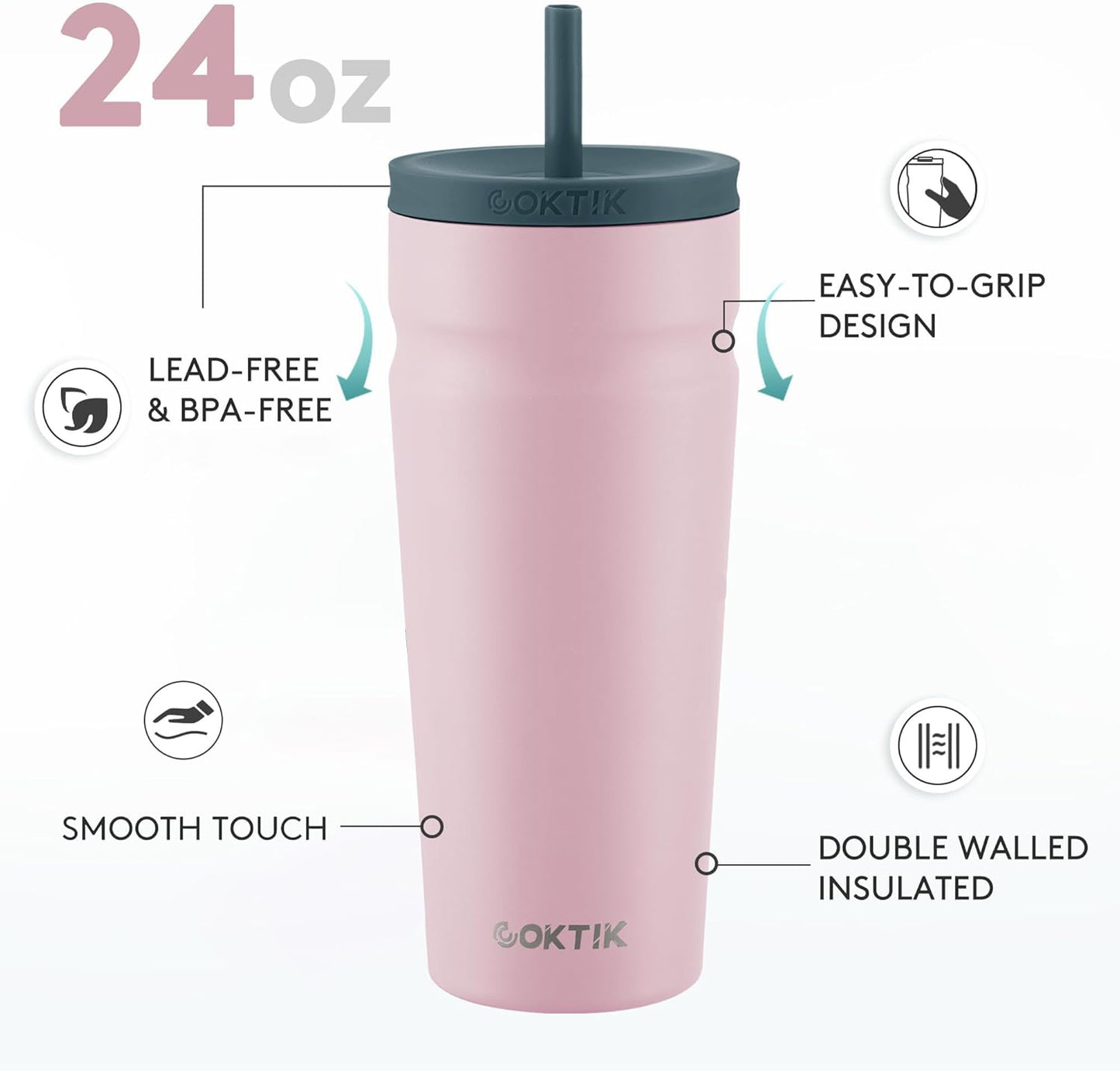 COKTIK 24oz Insulated Tumbler with Lid and Straw Iced Coffee Cup Reusable Stainless Steel Travel Mug Water Bottle Cupholder Friendly for Women Men Her Him (Blush)