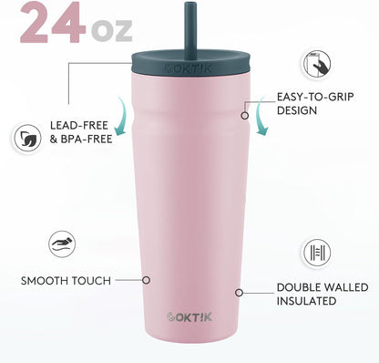 COKTIK 24oz Insulated Tumbler with Lid and Straw Iced Coffee Cup Reusable Stainless Steel Travel Mug Water Bottle Cupholder Friendly for Women Men Her Him (Blush)