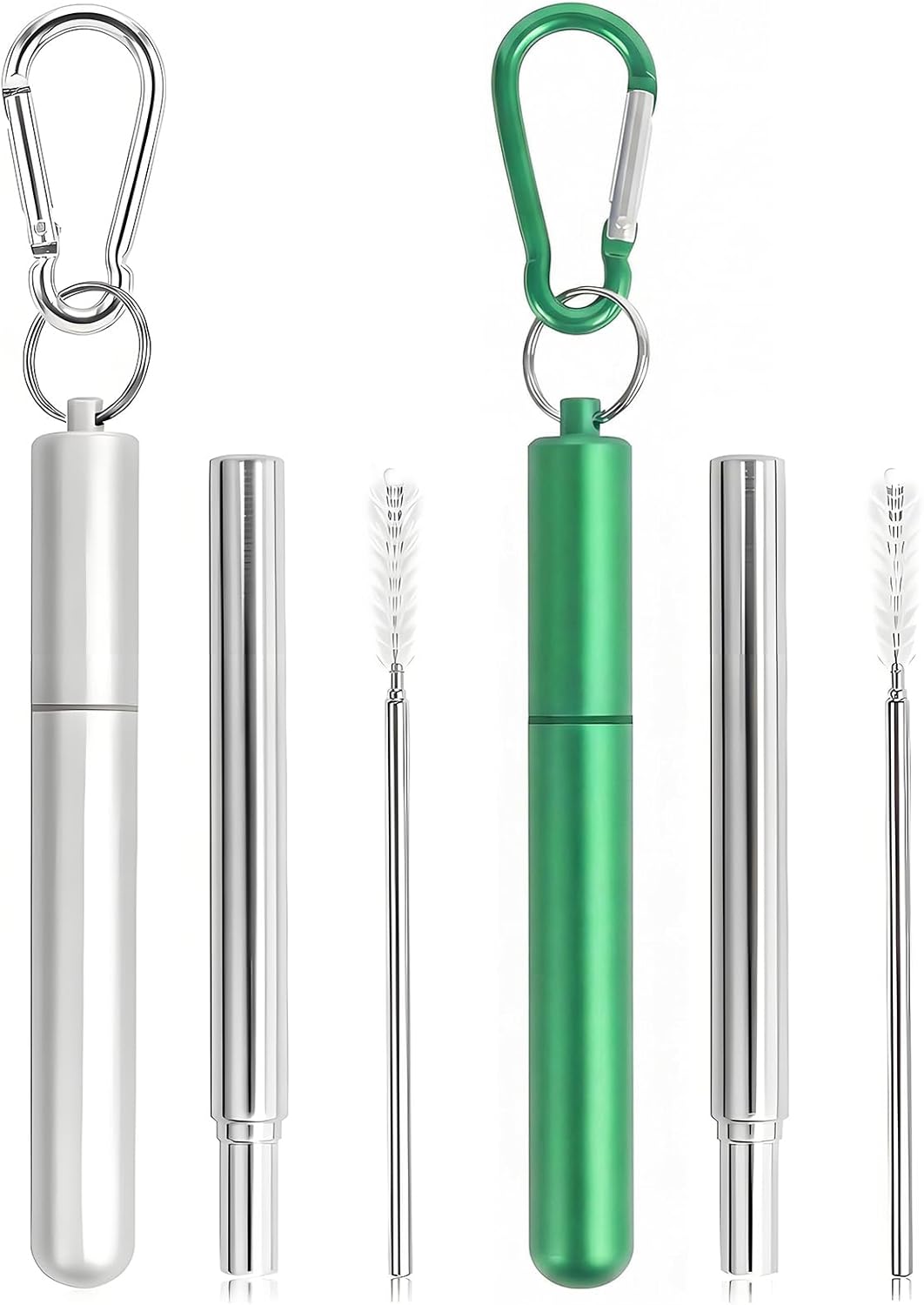 Collapsible Stainless Steel Drinking Straws with Aluminum Case, Cleaning Brush, and Keychains（Black+Silver）