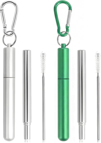 Collapsible Stainless Steel Drinking Straws with Aluminum Case, Cleaning Brush, and Keychains（Black+Silver）