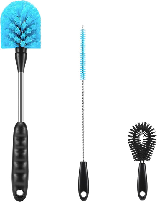 12.2 inch Bottle Brush Set of Three，Washable Coffee Cups, Water Bottles, Baby Bottles, Straws, to-go Cups, Long-Handled 3-in-1 Stainless Steel Bottle Brushes. (Blue)