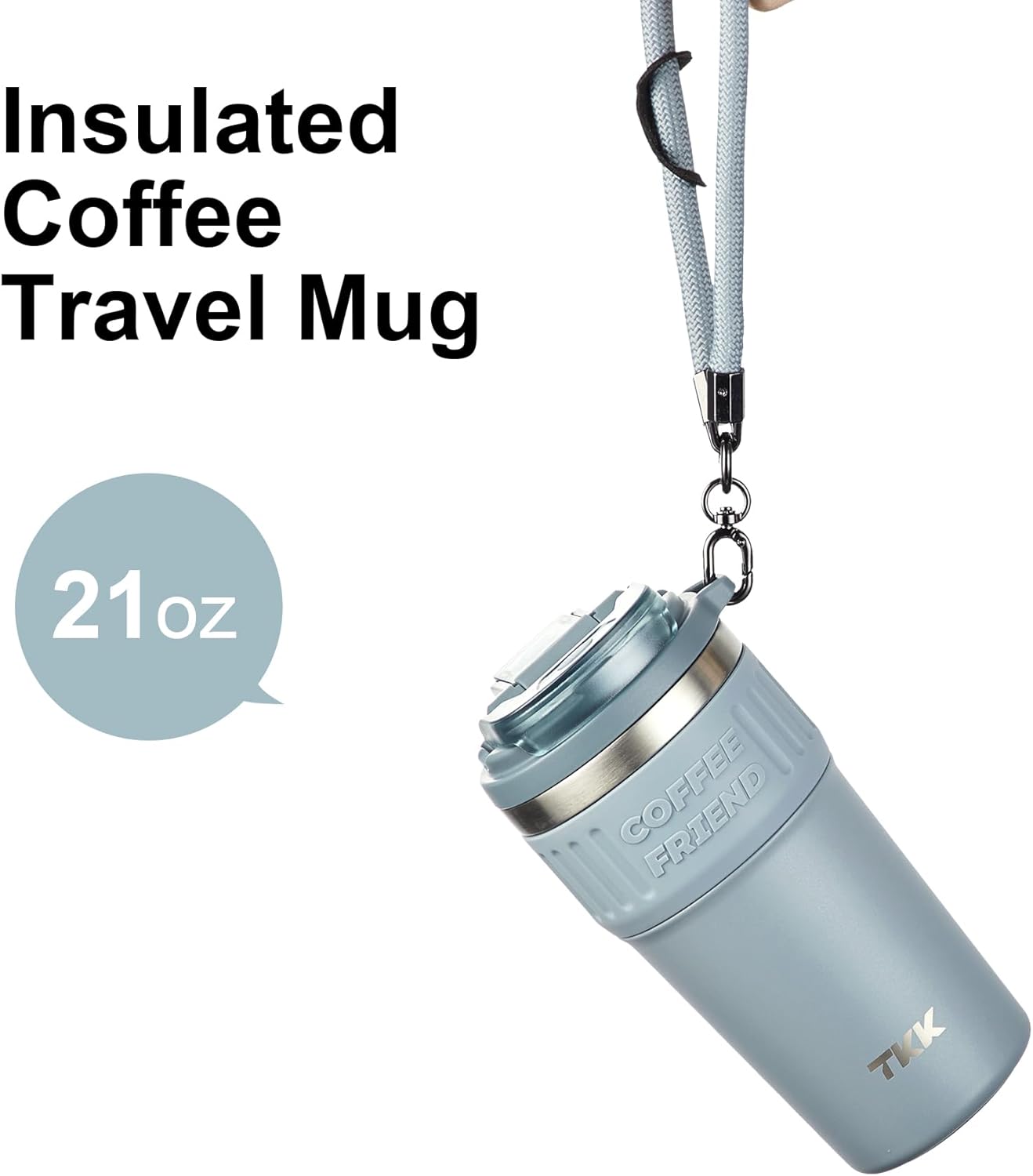 TKK Insulated Coffee Mug with Ceramic Coating, 21oz Iced Coffee Tumbler Cup with Straw Lid Double Wall Vacuum Leak Proof Travel Mug with Strap for Hot and Iced Beverage, Tungsten Steel