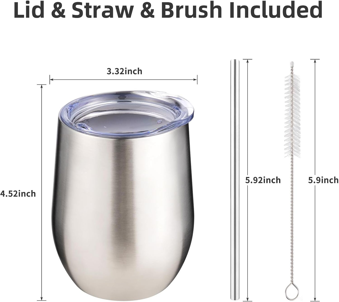 12 oz Insulated Wine Tumbler with Lid and Straw,Stainless Steel Stemless Wine Tumbler Glasses Double Wall Vacuum Wine Cups Tumbler for Coffee,Champaign,Cocktail,Office（Silver,1）