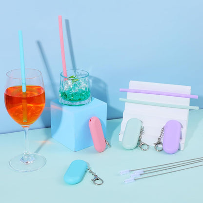 4 Set Portable Straw,Reusable Straws Silicone with Case Silicone Portable Drinking travel Straw Set for Party Travel Cold or Hot with 4 Cleaning Brushes (Purple,Pink,Green, Blue）