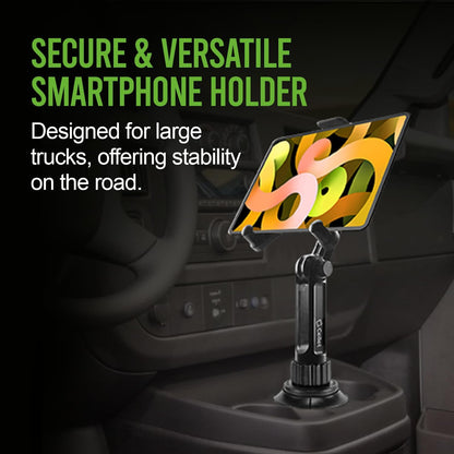 Cellet Cup Holder Tray for Car with Phone Mount – Expandable Base, 360° Rotation Food & Drink Tray with Non-Slip Surface, Adjustable Arm for Eating in Vehicle – Fits Most Standard Car Cup Holders