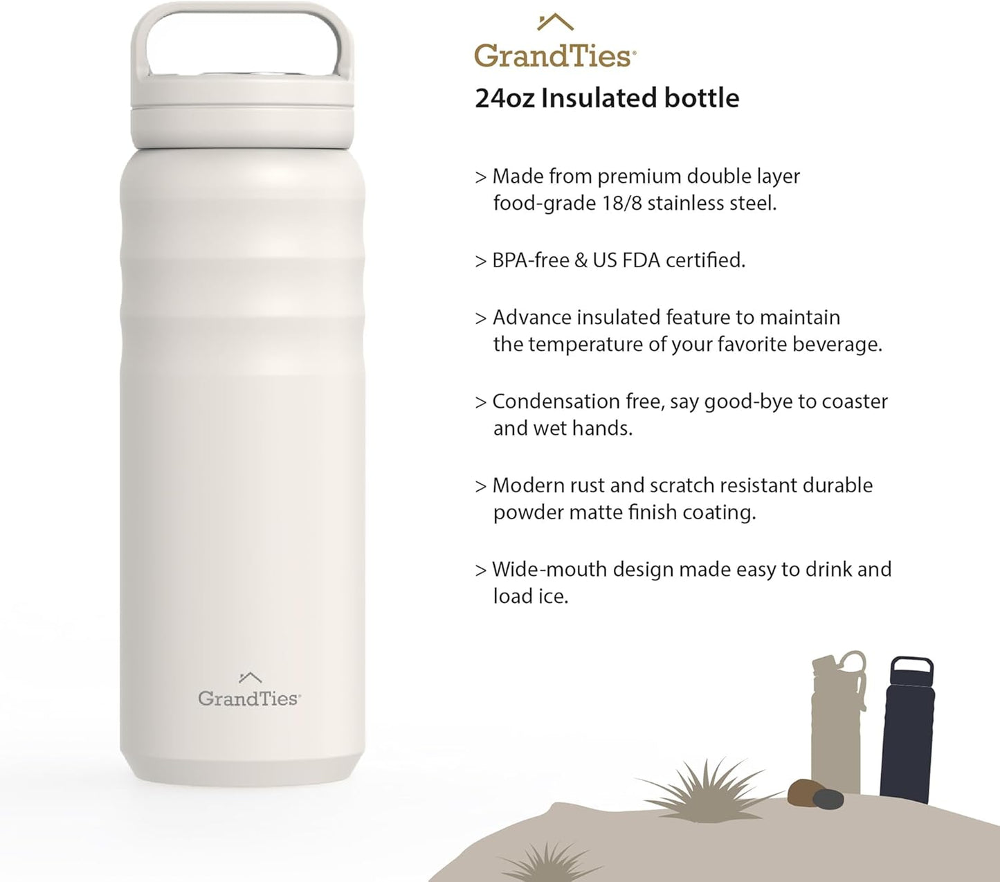 GRANDTIES 2 Lids Sports Stainless Steel Water Bottles – Wide Mouth Vacuum Insulated Reusable Leak Proof BPA-Free Travel Metal Canteen, Thermal Bottles for Men Women Gym (Ivory White 32 oz)