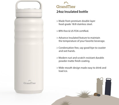 GRANDTIES 2 Lids Sports Stainless Steel Water Bottles – Wide Mouth Vacuum Insulated Reusable Leak Proof BPA-Free Travel Metal Canteen, Thermal Bottles for Men Women Gym (Ivory White 32 oz)