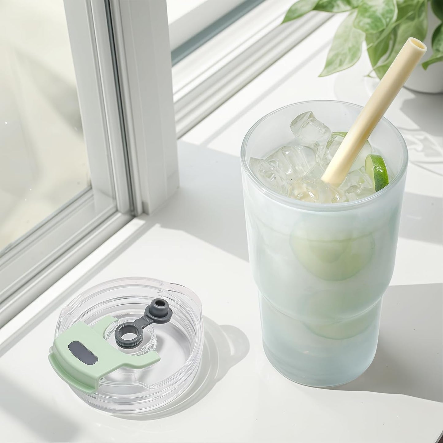 Iced Coffee Cups with Lids: Coffee Bar Accessories - Ribbed Glass Tumbler with Straw and Lid 4Pcs - 20oz Leak Proof Tumbler - Reusable Glass Cups and Tumblers with Lid and Straws for To Go Iced Coffee