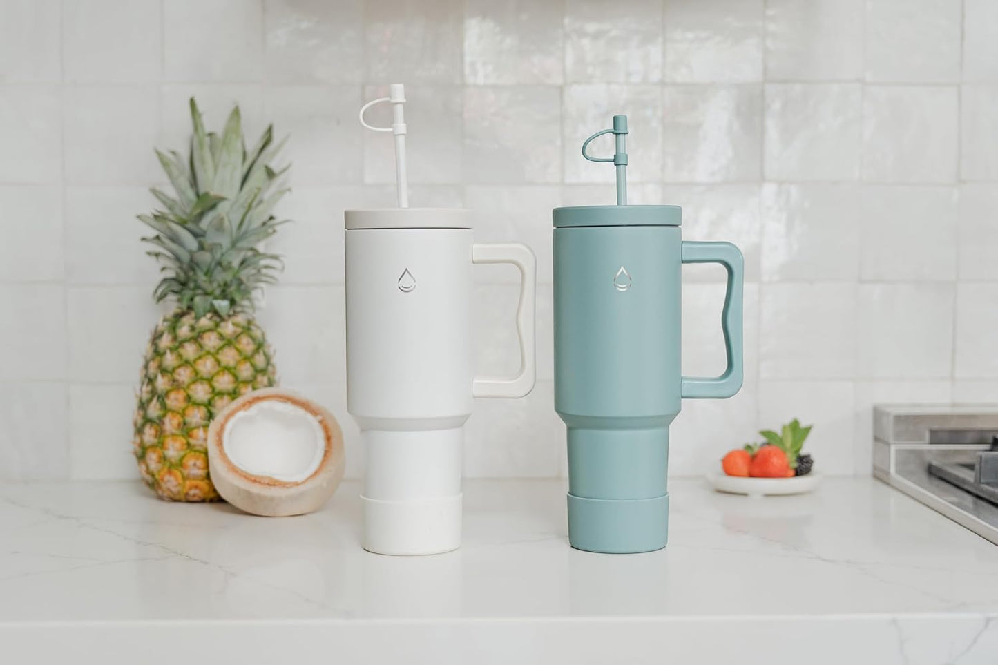 Infusion Pro 40 oz Tumbler with Handle, Fruit Infuser & Straw Lid : 50 Recipe Fruit Infusion eBook : Bottom Boot : Fits Cupholder : Stainless Steel Insulated Travel Mug : Essence (BLUE SURF)
