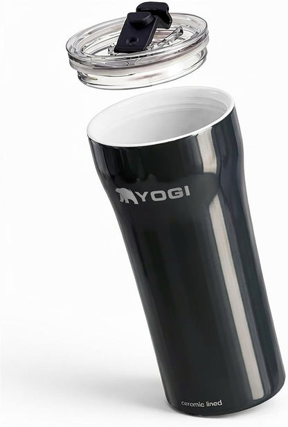 YOGI Ceramic Lined Metal Allergy Safe 16oz Coffee Tumbler with Leakproof Lid BPA Free Vacuum Insulated Stainless Steel Cupholder Friendly Travel Cup for Coffee and Water Sandstone