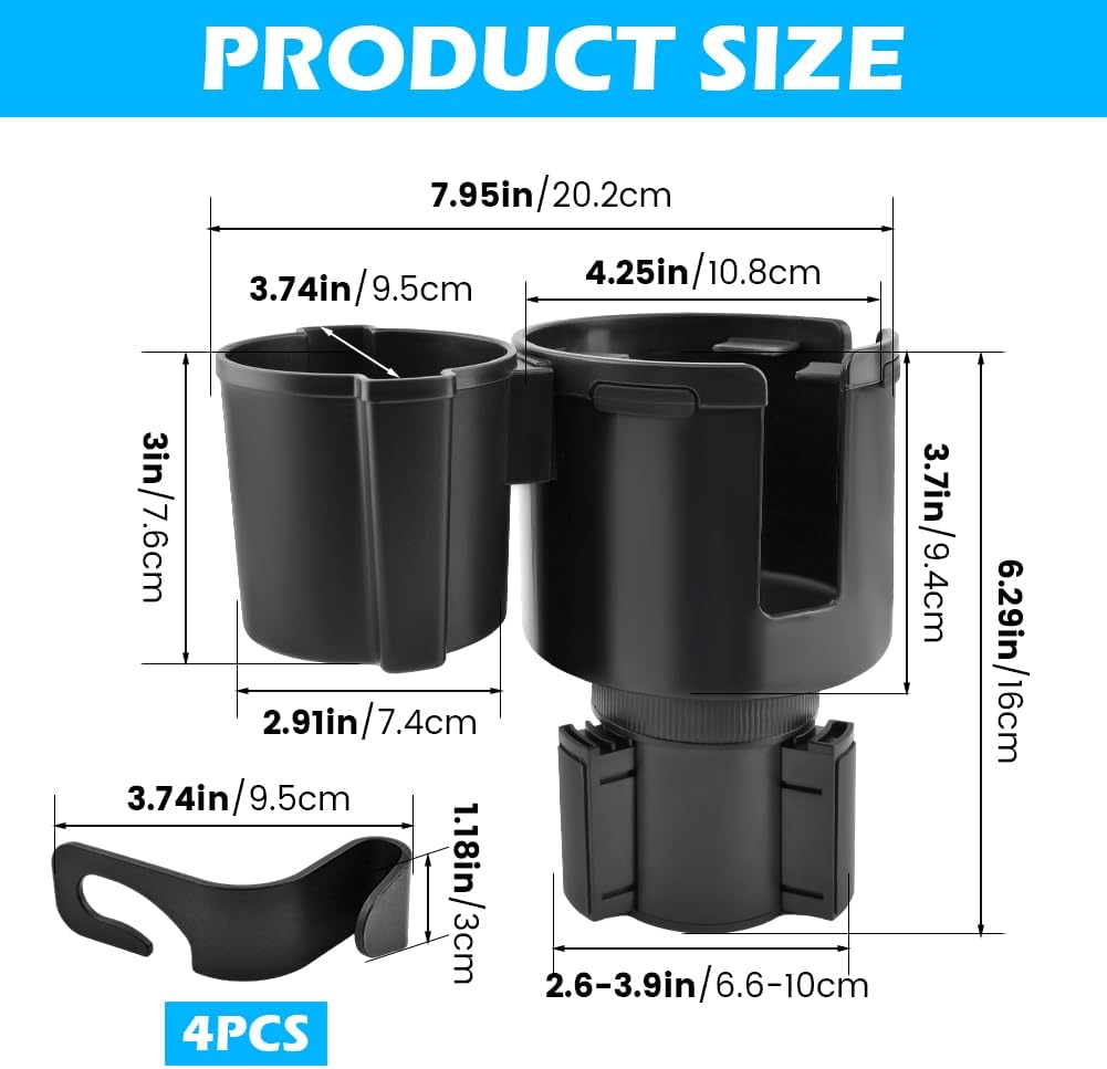 2-in-1 Car Cup Holder Expander, Adjustable Car Extender Adapter with Non-Slip Base - No Spill Cup Holder Extender with 4 Hooks for Yeti, Hydro Flask, Stanley Large Tumblers (10-48oz)