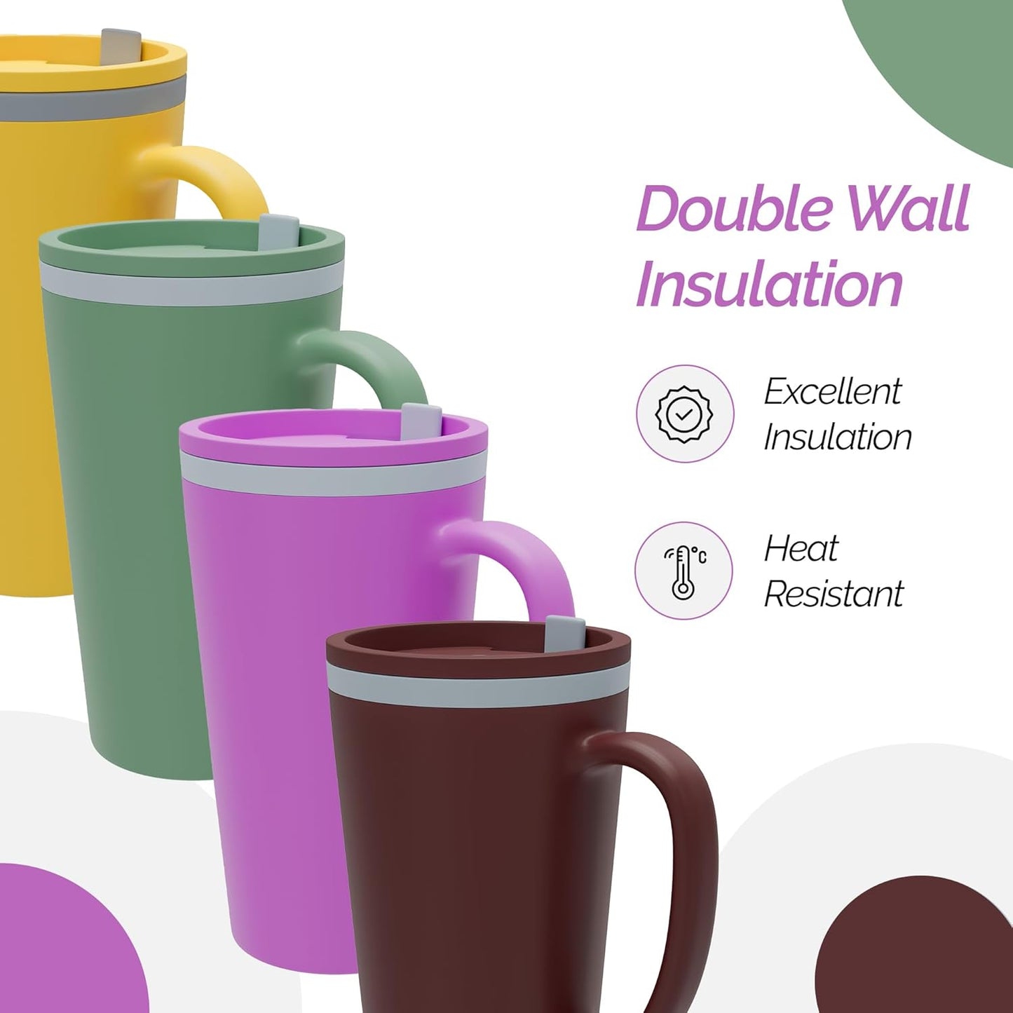 Copco Cone Desk Mug, 16 oz (Set of 4) - Double Wall Insulated Mugs with Handle, Reusable Plastic Tumblers with Twist-Off Spill Resistant Lid, BPA-Free, Microwave & Dishwasher Safe (Assorted Colors)