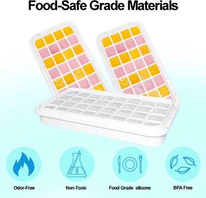 Ice Trays for Freezer with Lid & Bin, Ice Cube Tray Making 64 pcs Ice Cubes, Easy Press to Release Ice, Ice Tray with Storage Bin Chilling Cocktail Whiskey Coffee 2 Trays 1 Ice Bucket & Scoop (Black)