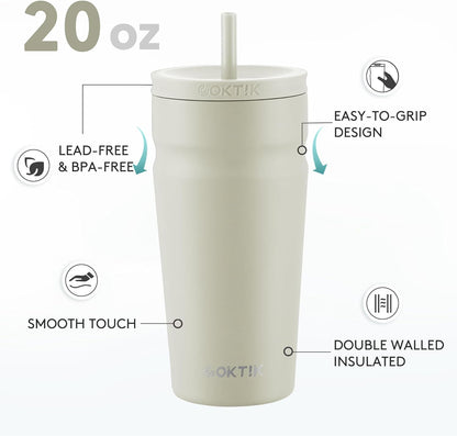 COKTIK 24oz Insulated Tumbler with Lid and Straw Iced Coffee Cup Reusable Stainless Steel Travel Mug Water Bottle Cupholder Friendly for Women Men Her Him (Blush)